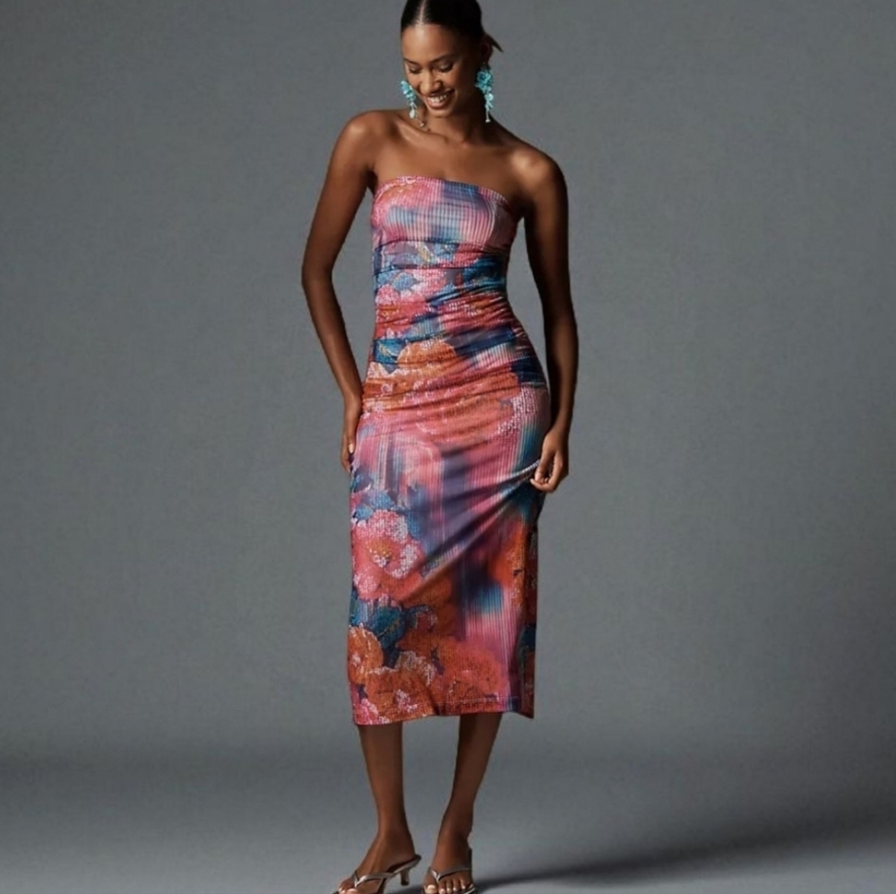 NWT Anthropologie The Soleil Slim Strapless Ruched Mesh Dress Midi Floral SM